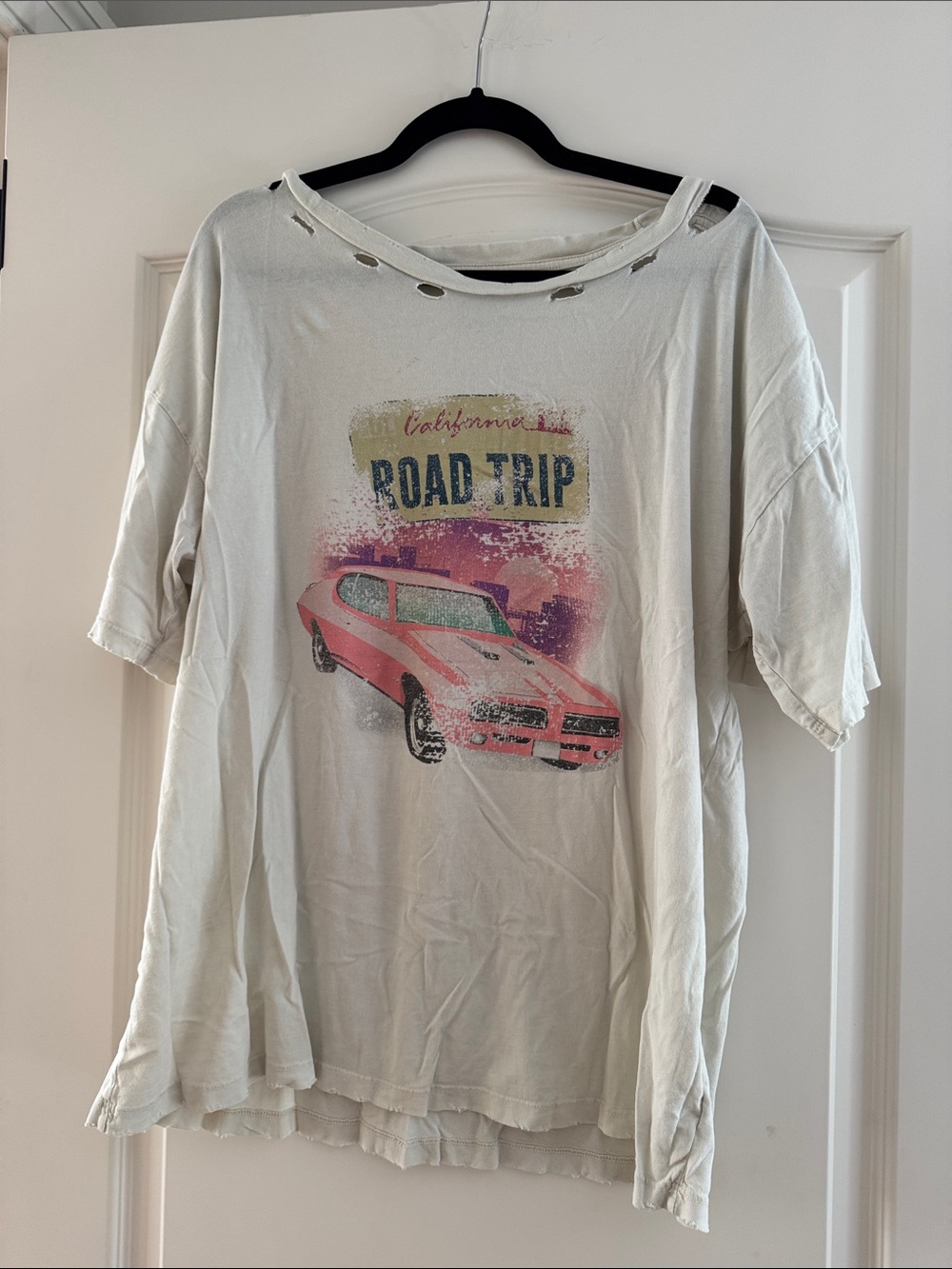 Women's White Short Sleeve 'Road Trip' Graphic Tee with Pink Car